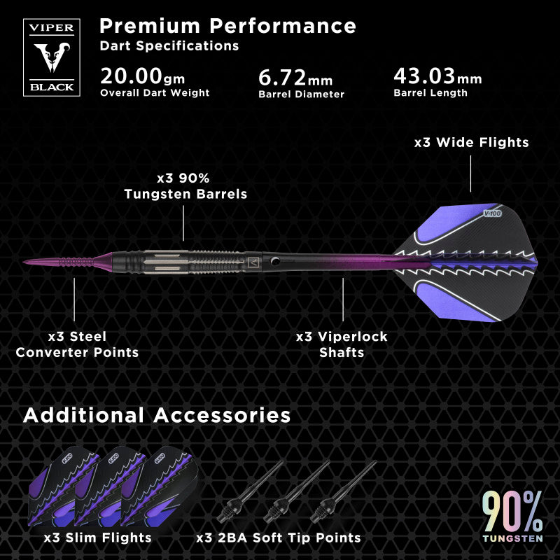 Viper Black Flux 90% Tungsten Steel or Soft Tip Conversion Darts Purple 20 Grams