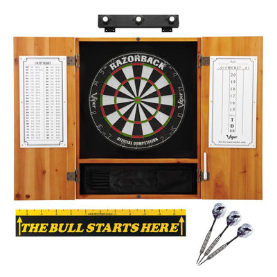 Viper Razorback Sisal Dartboard, Metropolitan Oak Cabinet, Shadow Buster Dartboard Lights & "The Bull Starts Here" Throw Line Marker Darts Viper 