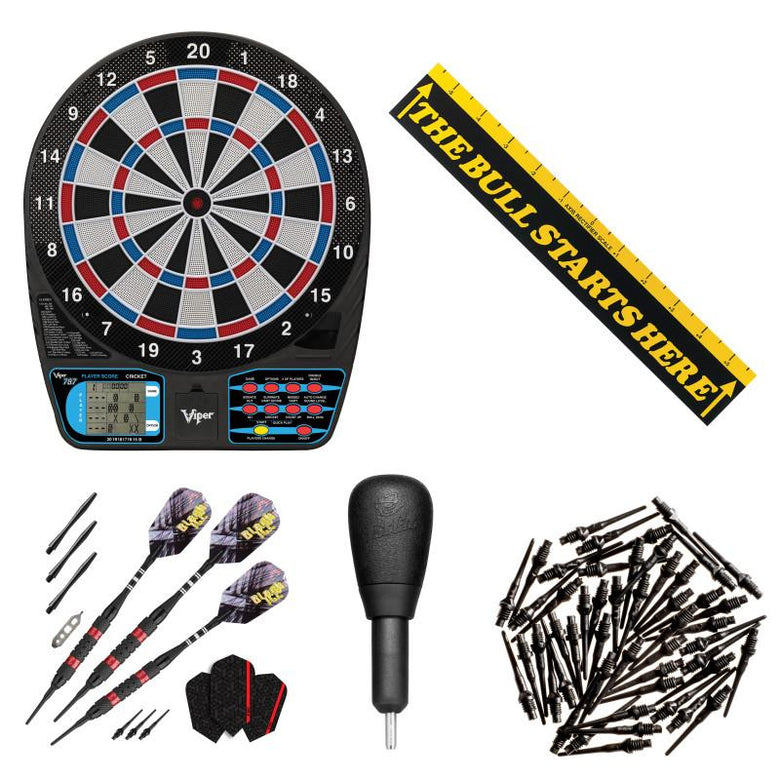 Viper 787 Electronic Dartboard, "The Bull Starts Here" Throw Line Marker, Black Ice Red 18g Soft Tip Darts, Dart Tip Remover Tool & Tufflex II Black Dart Tips Darts Viper 