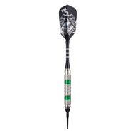 Single dart with black eagle flight, striped grip in silver and green bands, and black point
