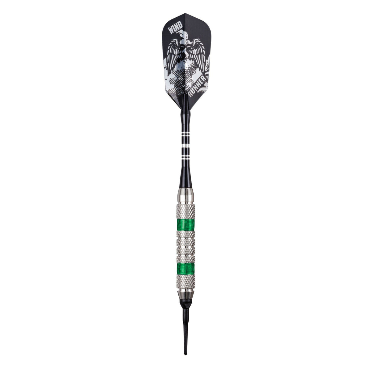 Single dart with black eagle flight, striped grip in silver and green bands, and black point