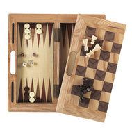 Wooden game set with open box showing backgammon board on left and chess board on right with pieces