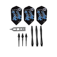 Three black dart flights with blue guitar graphics, metal puller, stems, and shafts