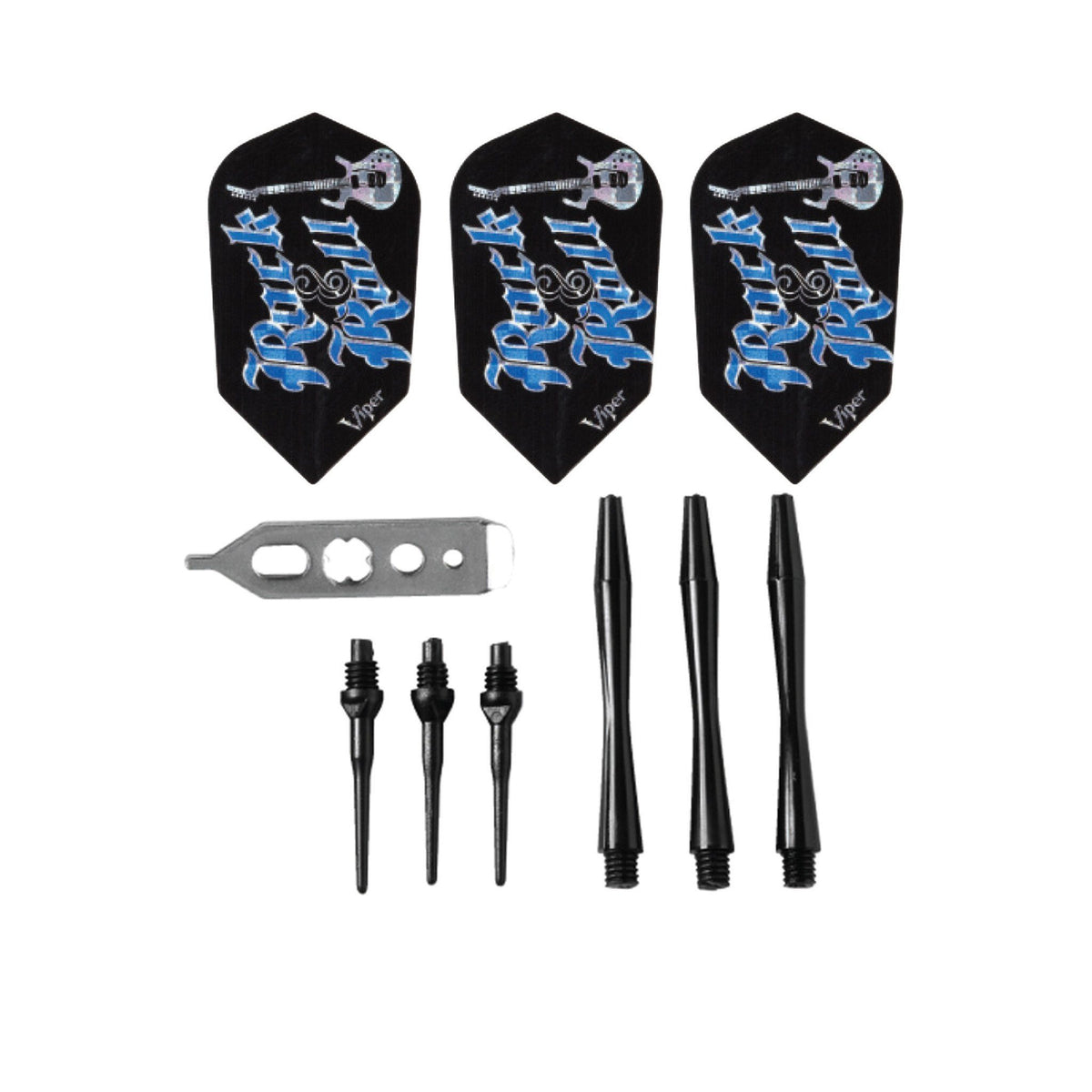 Three black dart flights with blue guitar graphics, metal puller, stems, and shafts