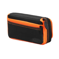Black and orange dart case with zippered compartments and carry handle on side