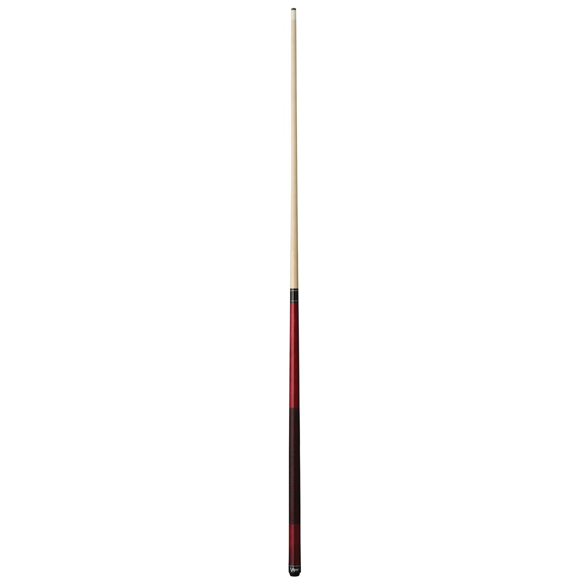 Billiards cue stick with light wood shaft and red and black wrapped grip section