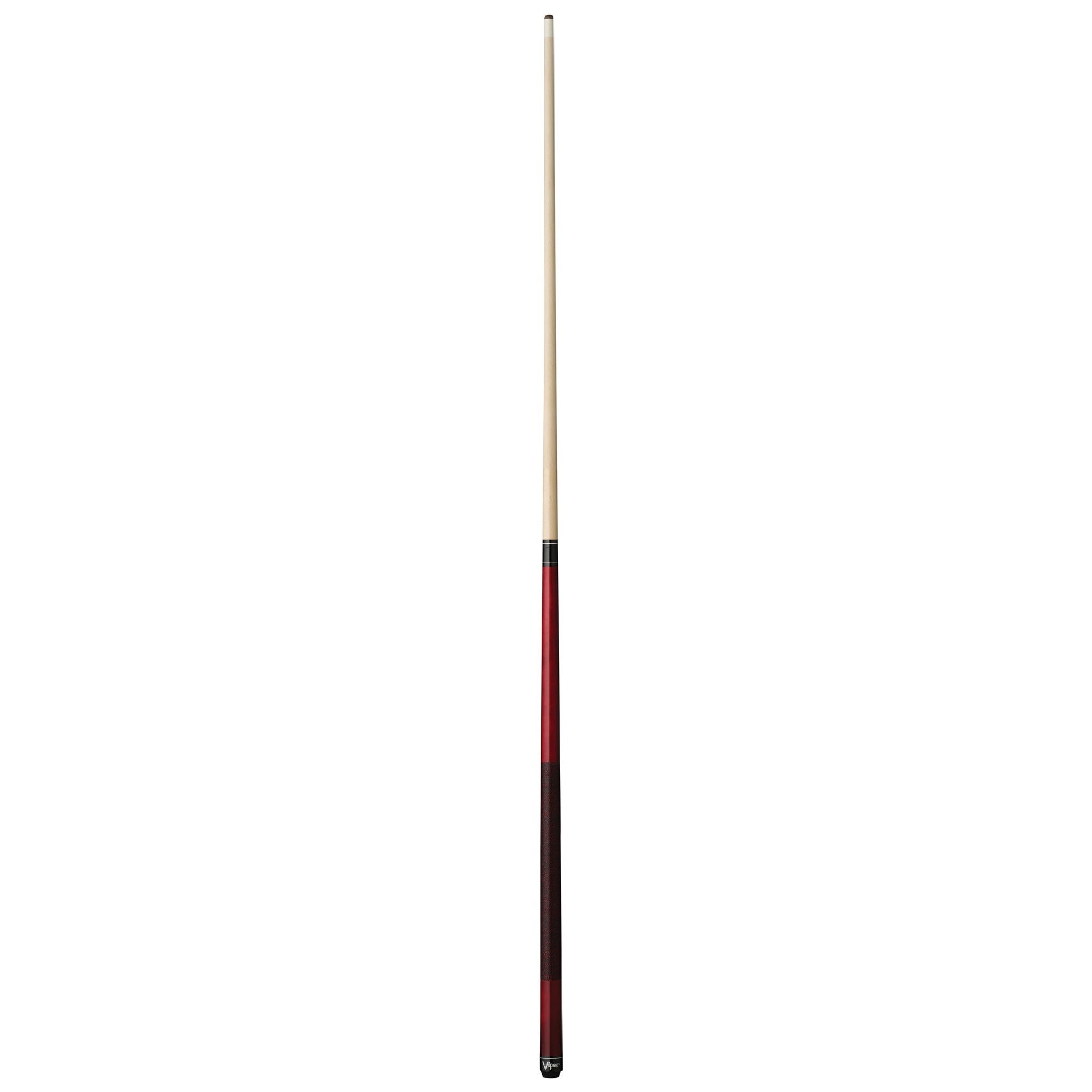 Billiards cue stick with light wood shaft and red and black wrapped grip section