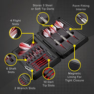 Infographic of open dart case displaying red and white darts with labeled storage slots and magnetic lining