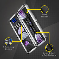 Open aluminum dart case with silver frame, black lined interior, purple and blue darts, and accessory pockets