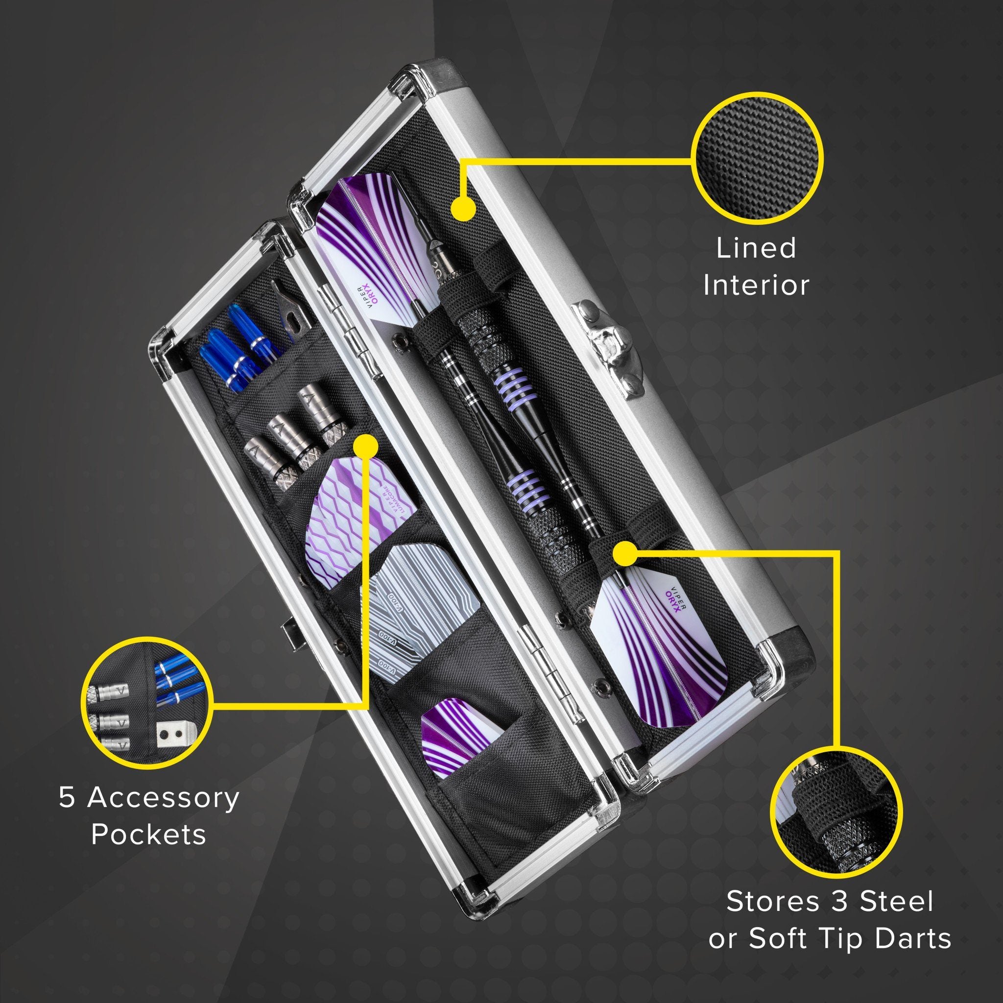 Open aluminum dart case with silver frame, black lined interior, purple and blue darts, and accessory pockets
