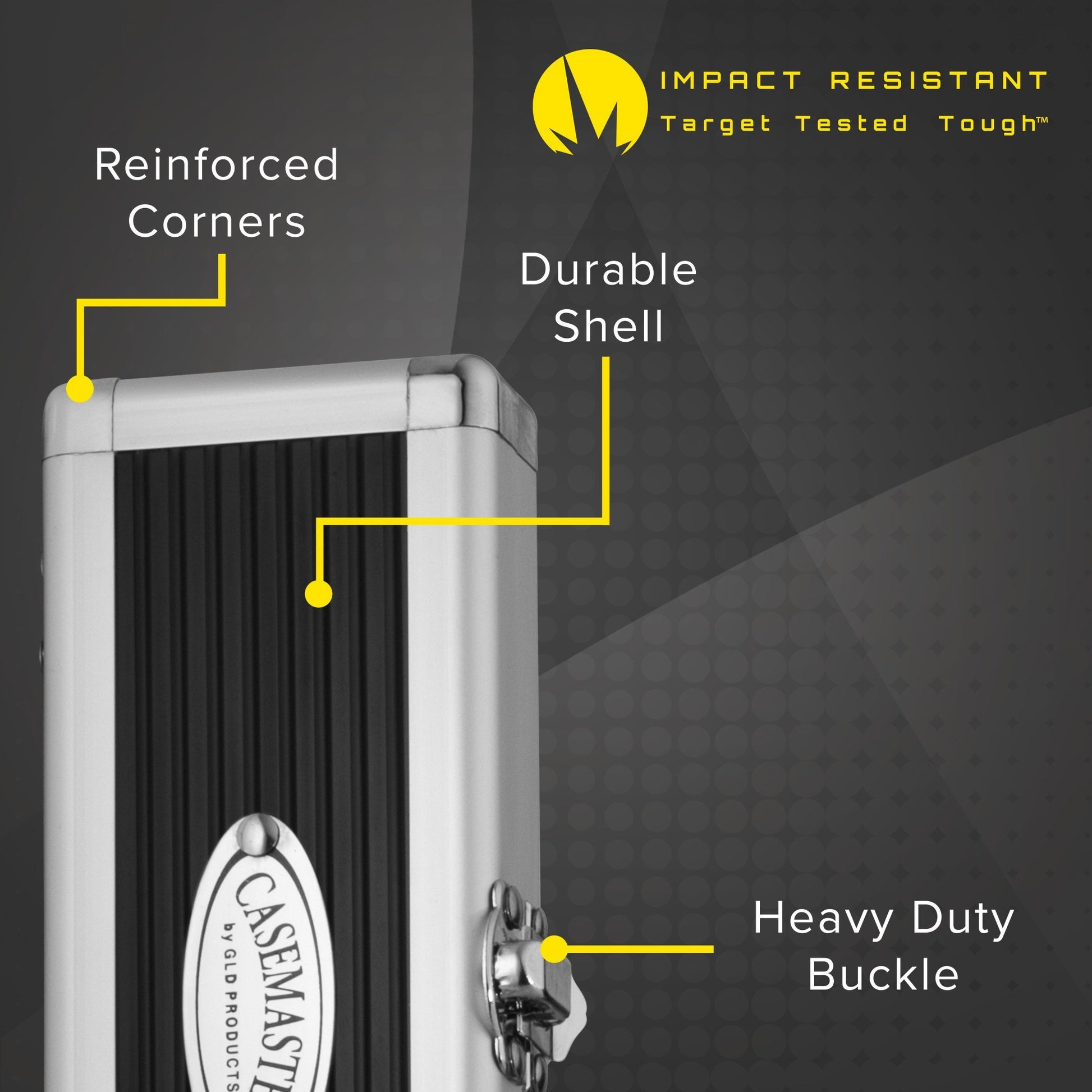 Close-up of a silver Casemaster aluminum dart case with Impact Resistant feature callouts.