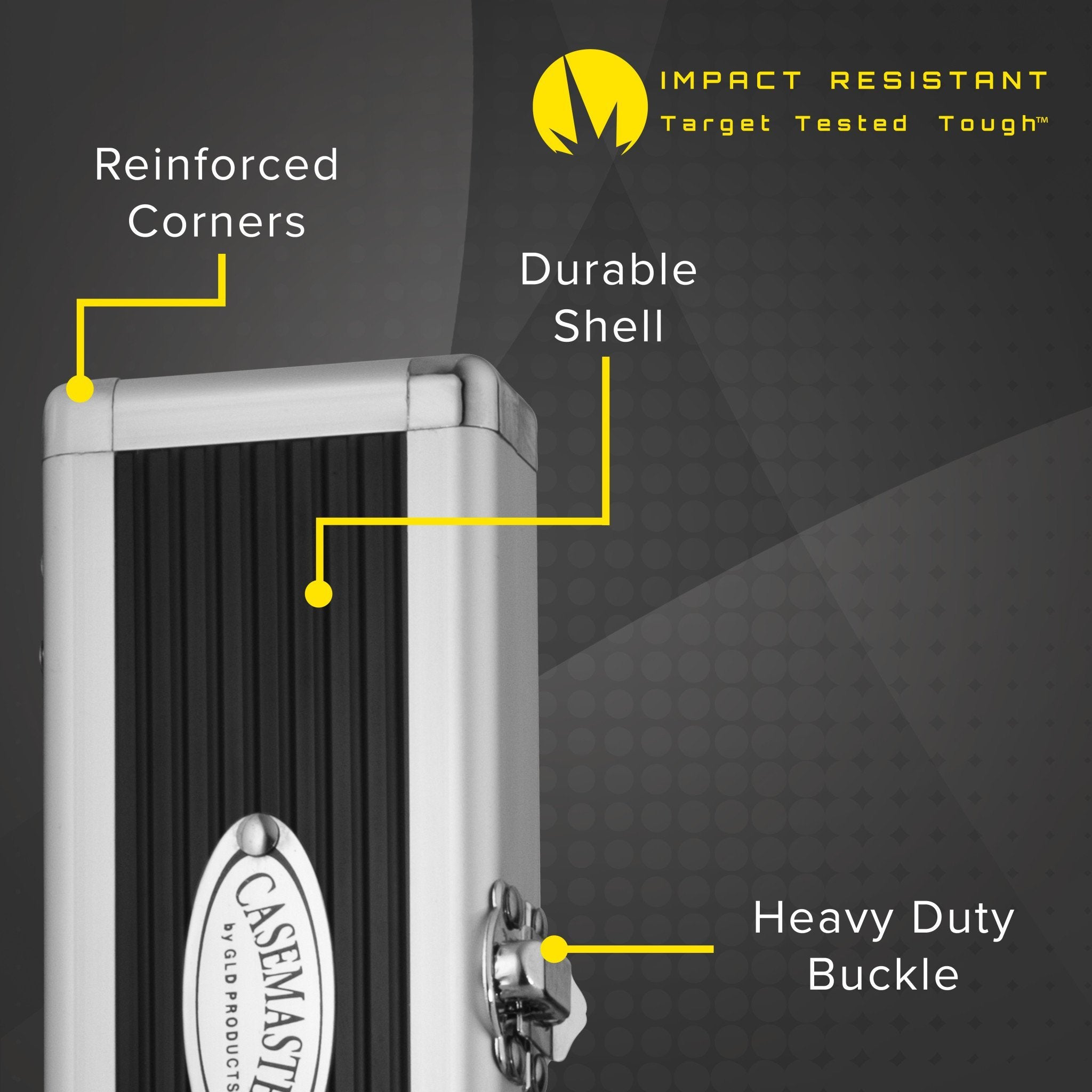Close-up of a silver Casemaster aluminum dart case with Impact Resistant feature callouts.