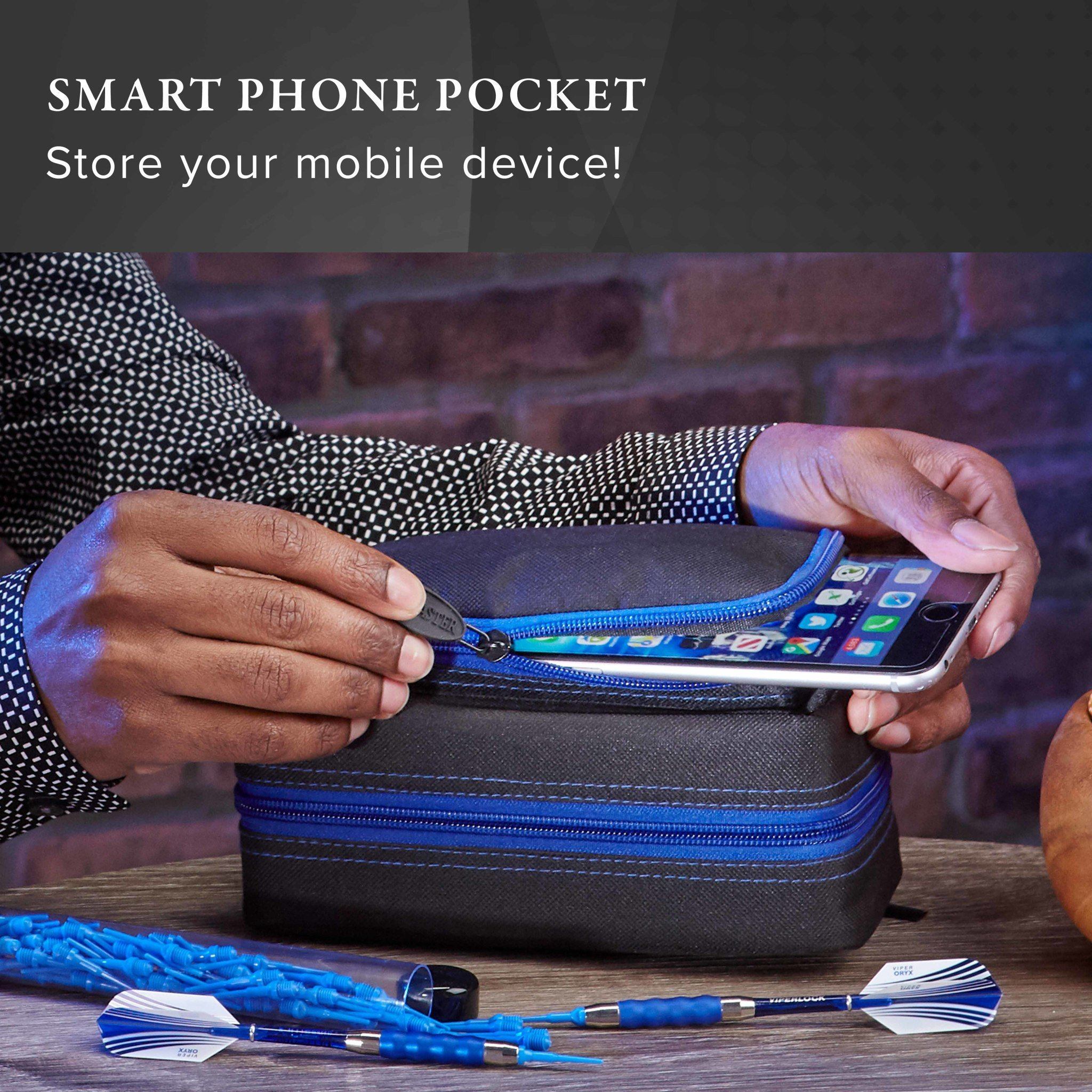 Two people holding open a black dart case with blue zippers, revealing a smartphone inside the top pocket