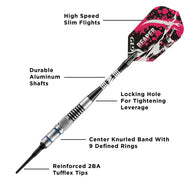 Dart with pink and black patterned flight and aluminum shaft with labeled components