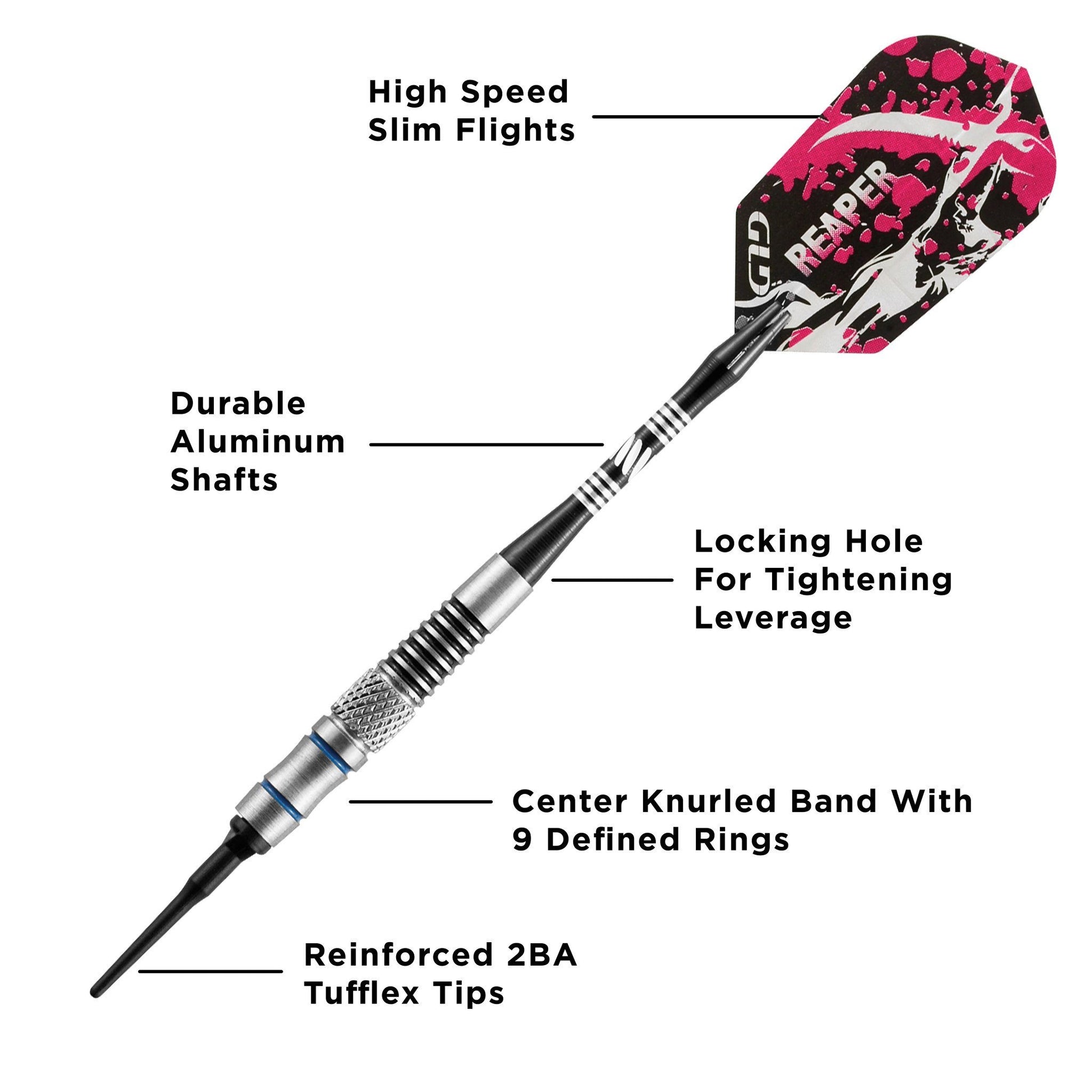 Dart with pink and black patterned flight and aluminum shaft with labeled components