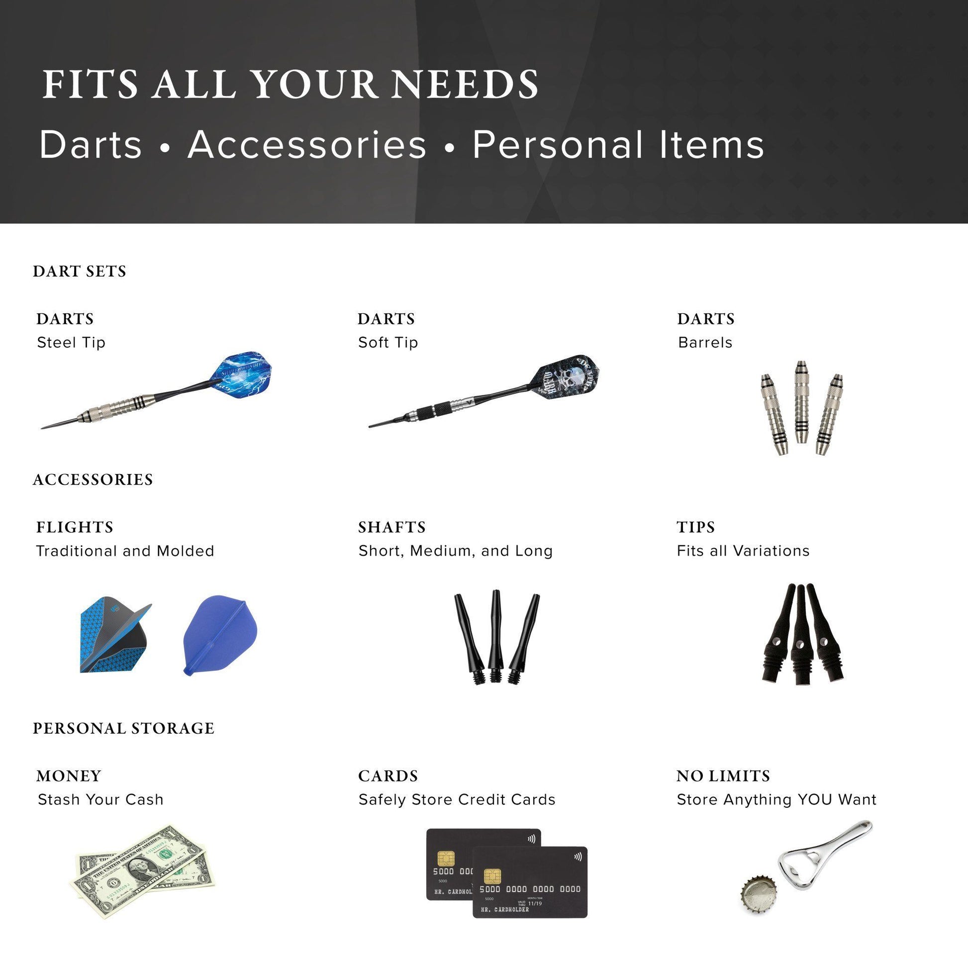 Infographic displaying dart types, flights, shafts, tips, and storage items for darts and accessories