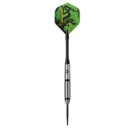 Dart with green hexagonal flight, black shaft, and silver grip with steel tip