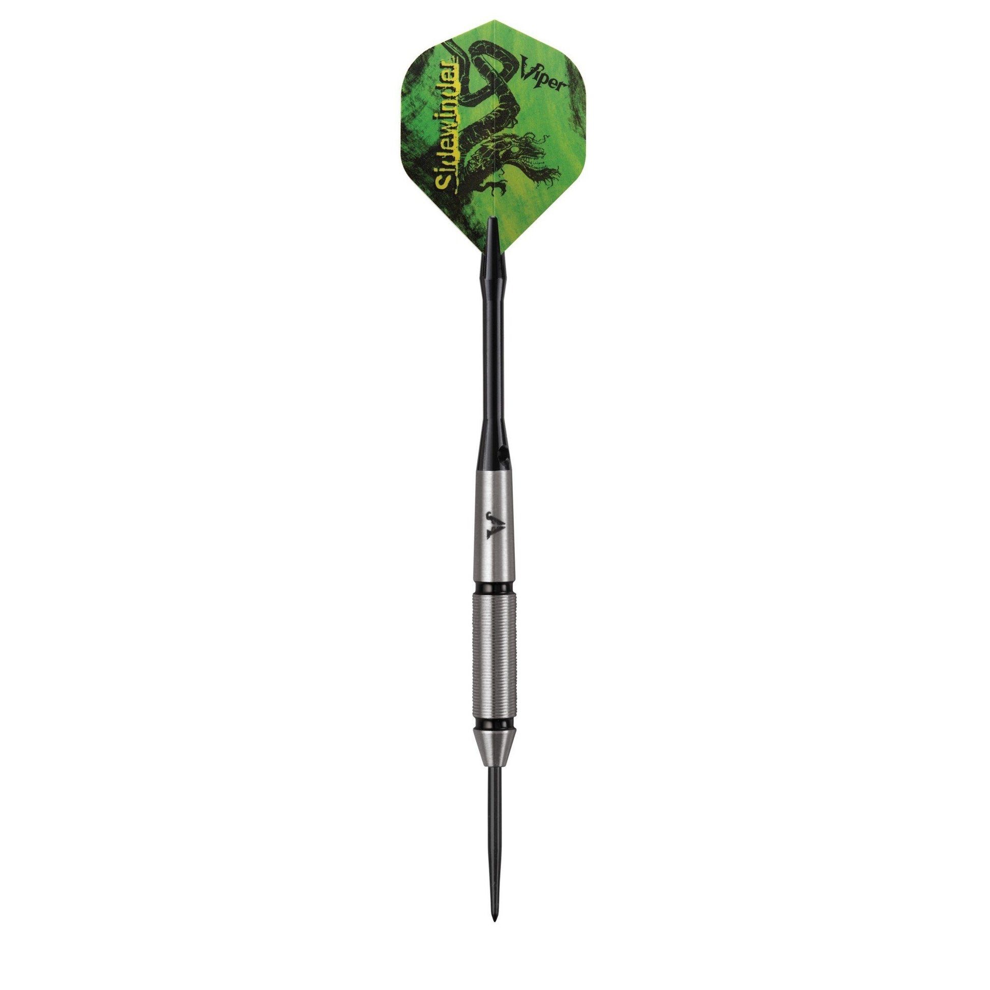 Dart with green hexagonal flight, black shaft, and silver grip with steel tip
