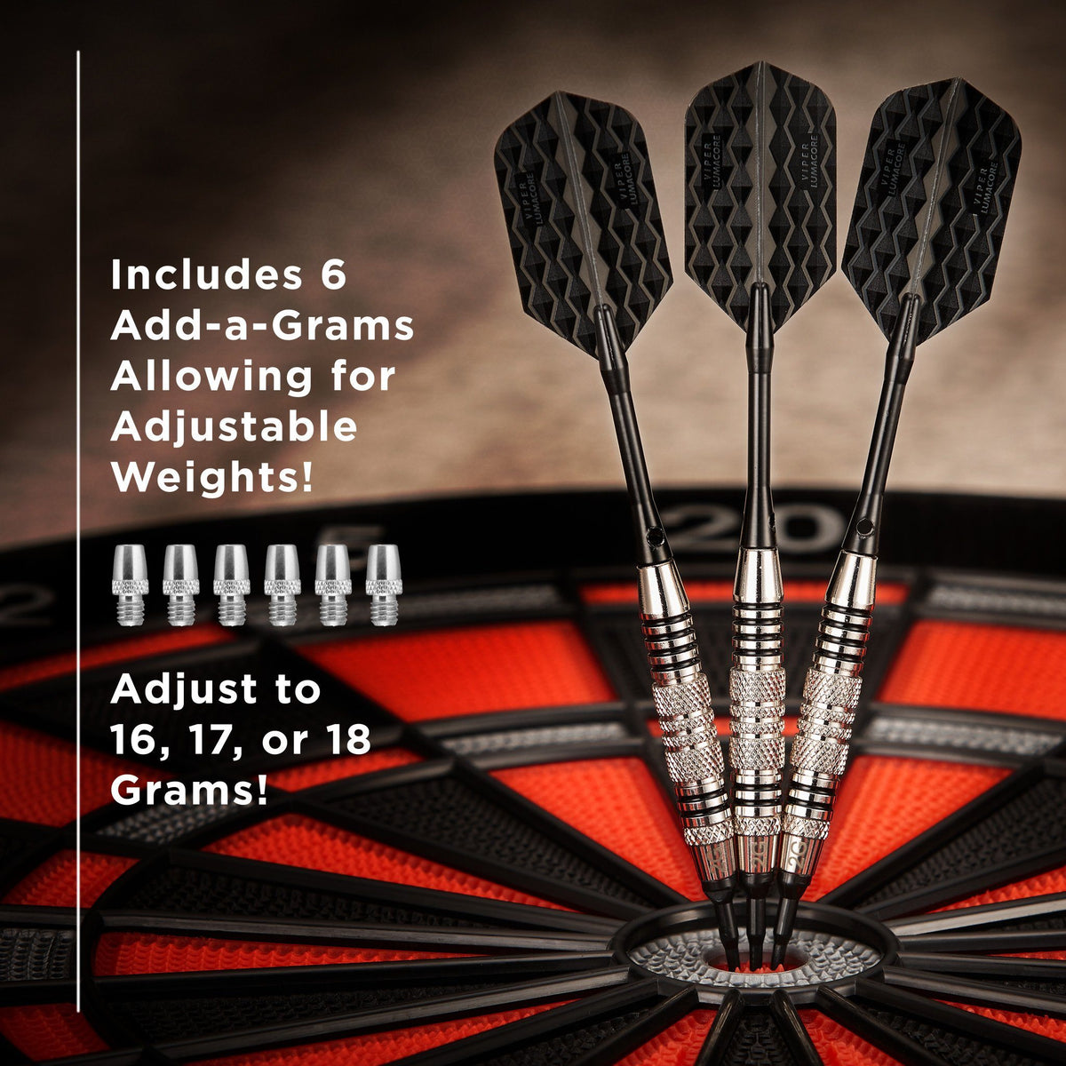 Three darts with black patterned flights and silver grips in dartboard with six weight inserts displayed