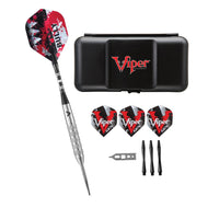 Viper dart set with red and black flights, case, shafts, and accessories