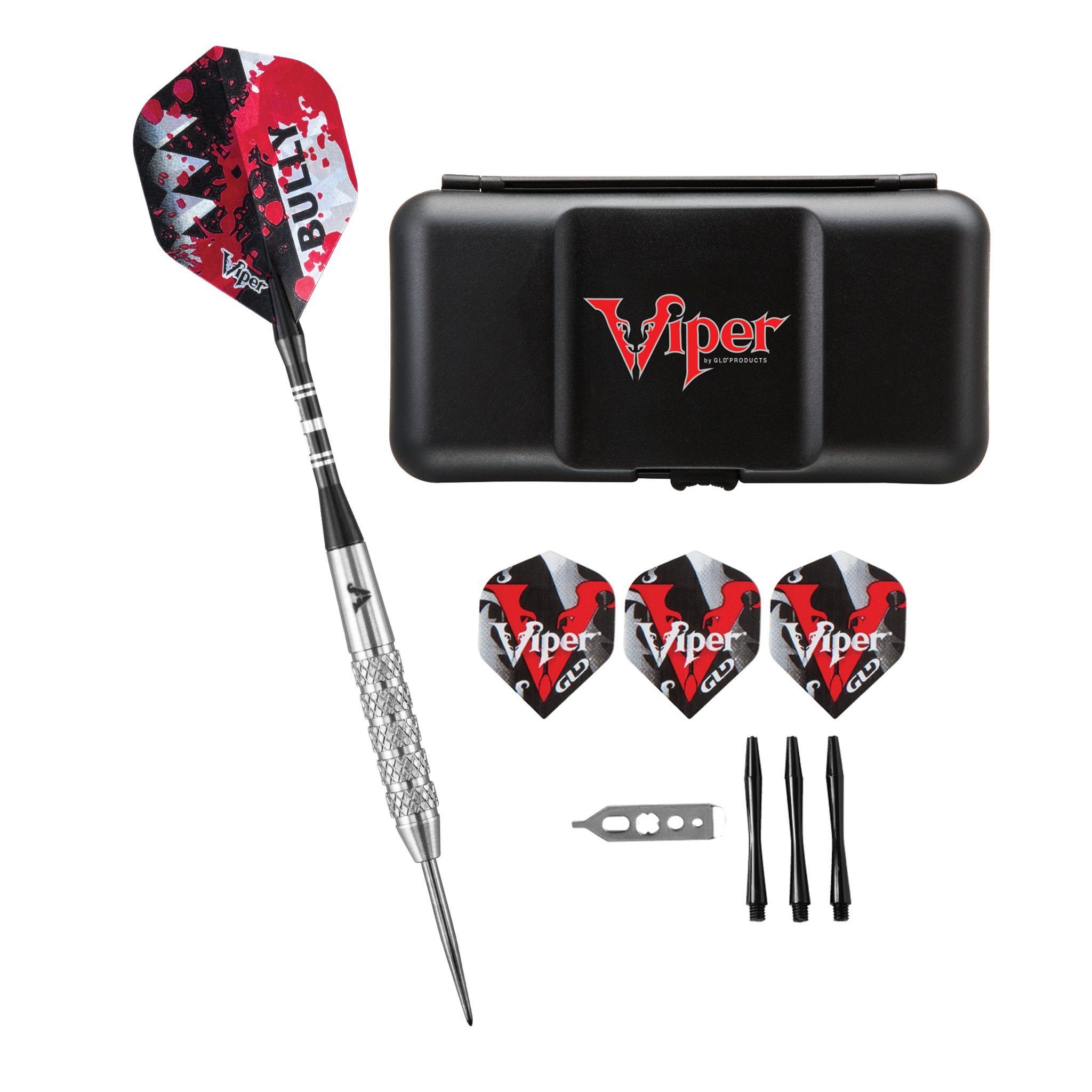 Viper dart set with red and black flights, case, shafts, and accessories
