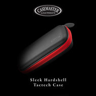 Black hardshell dart case with red zippered trim and gray carry handle on black background