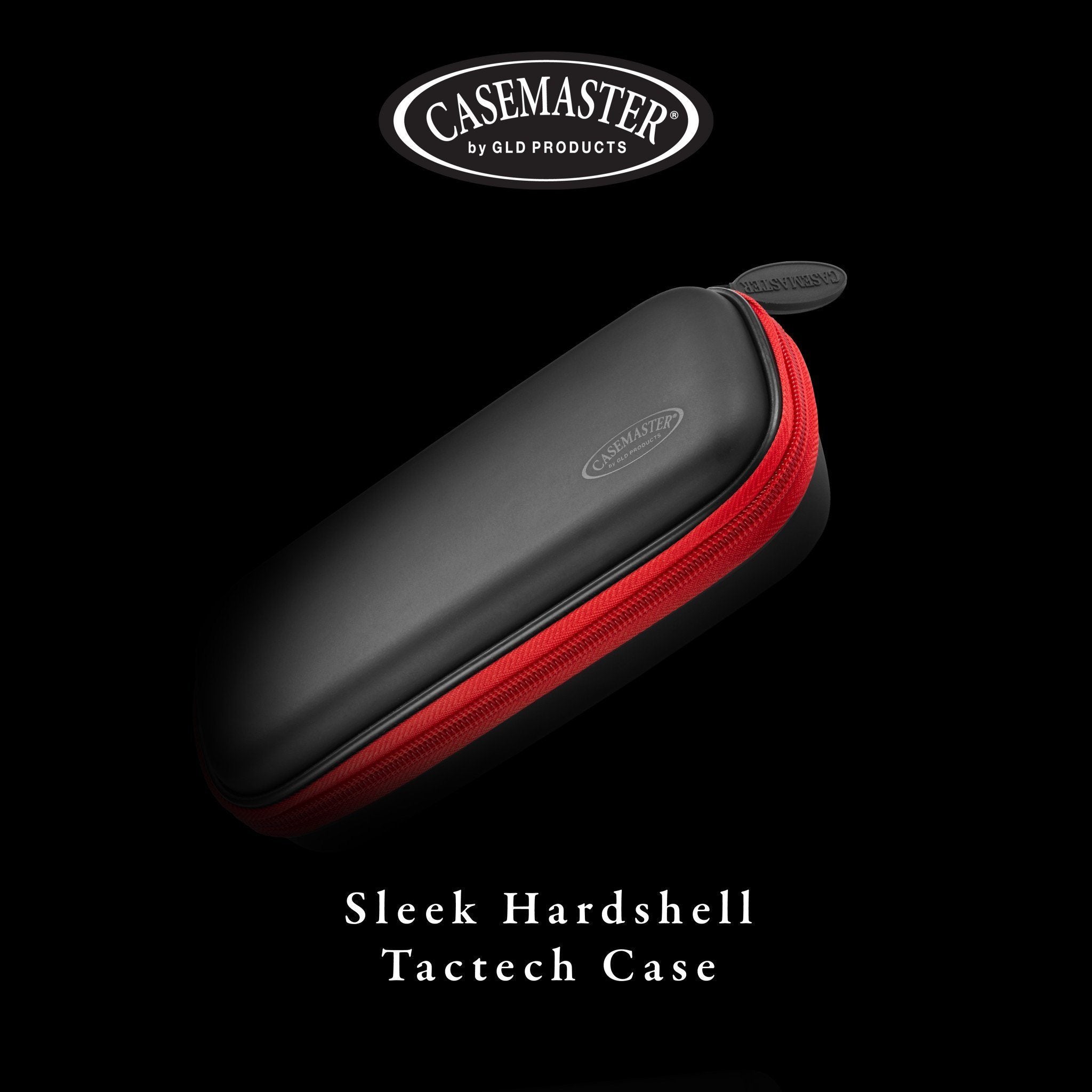 Black hardshell dart case with red zippered trim and gray carry handle on black background