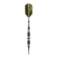 Dart with yellow and black patterned flight, segmented metal barrel, knurled grip, pointed tip