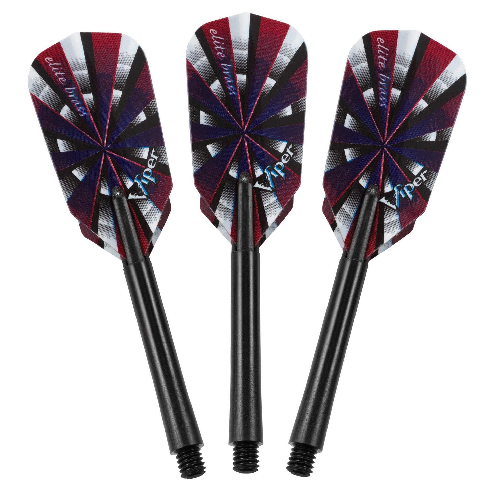Three darts with burgundy, white, and black striped flights and black barrels displaying Viper branding