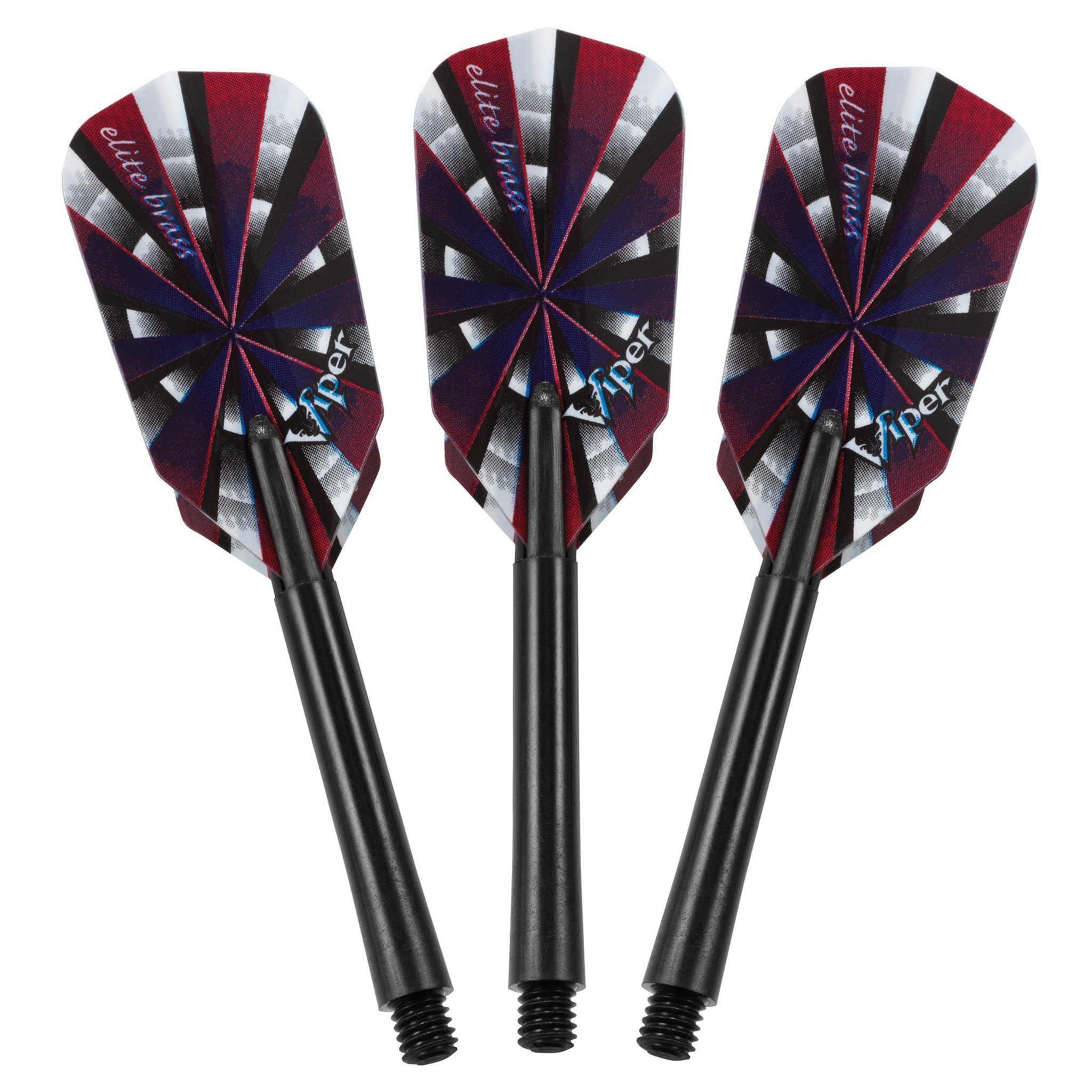 Three darts with burgundy, white, and black striped flights and black barrels displaying Viper branding