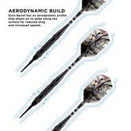 Three black darts with textured grips and patterned flights shown with airflow arrows