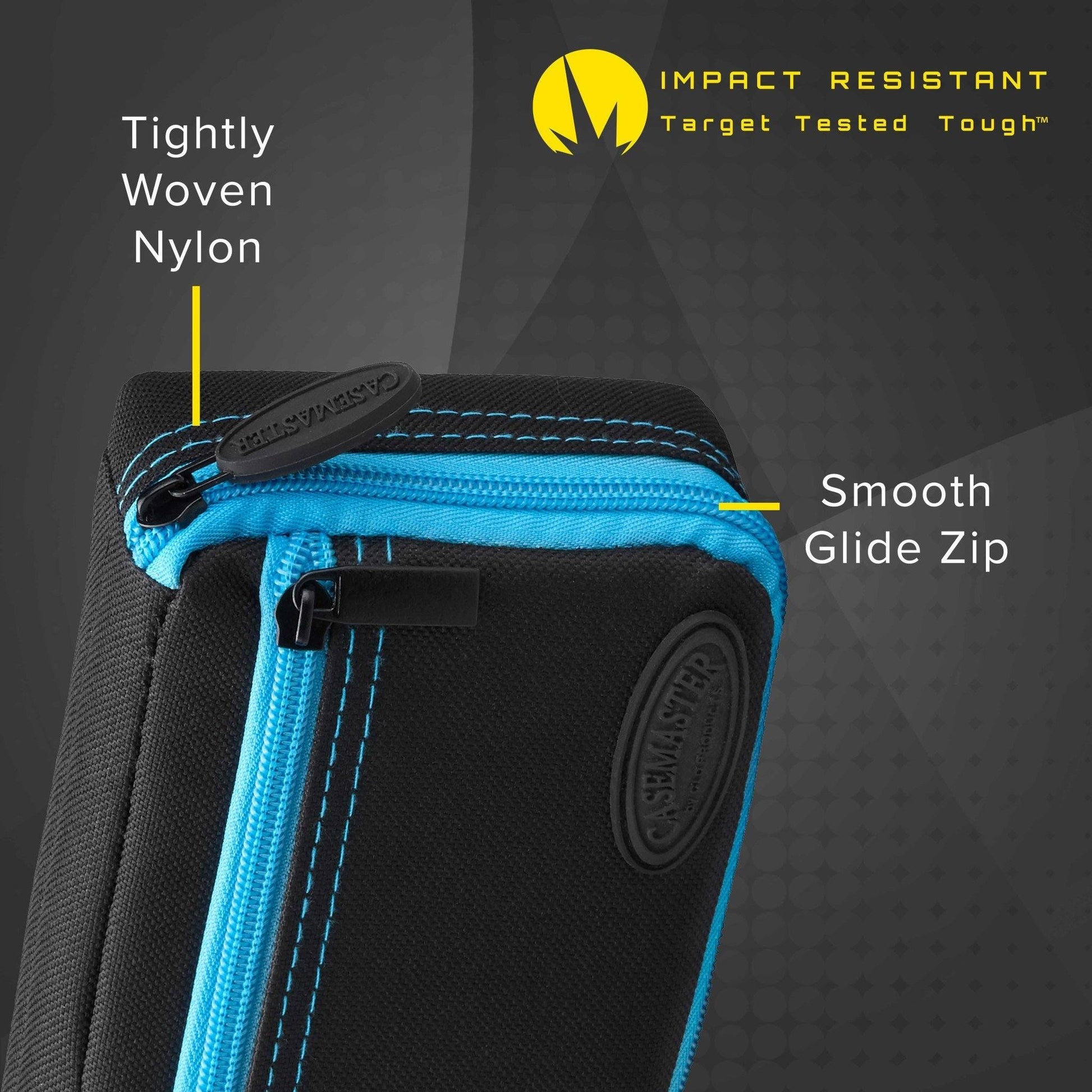 Black and blue dart case with labeled nylon exterior and zipper details
