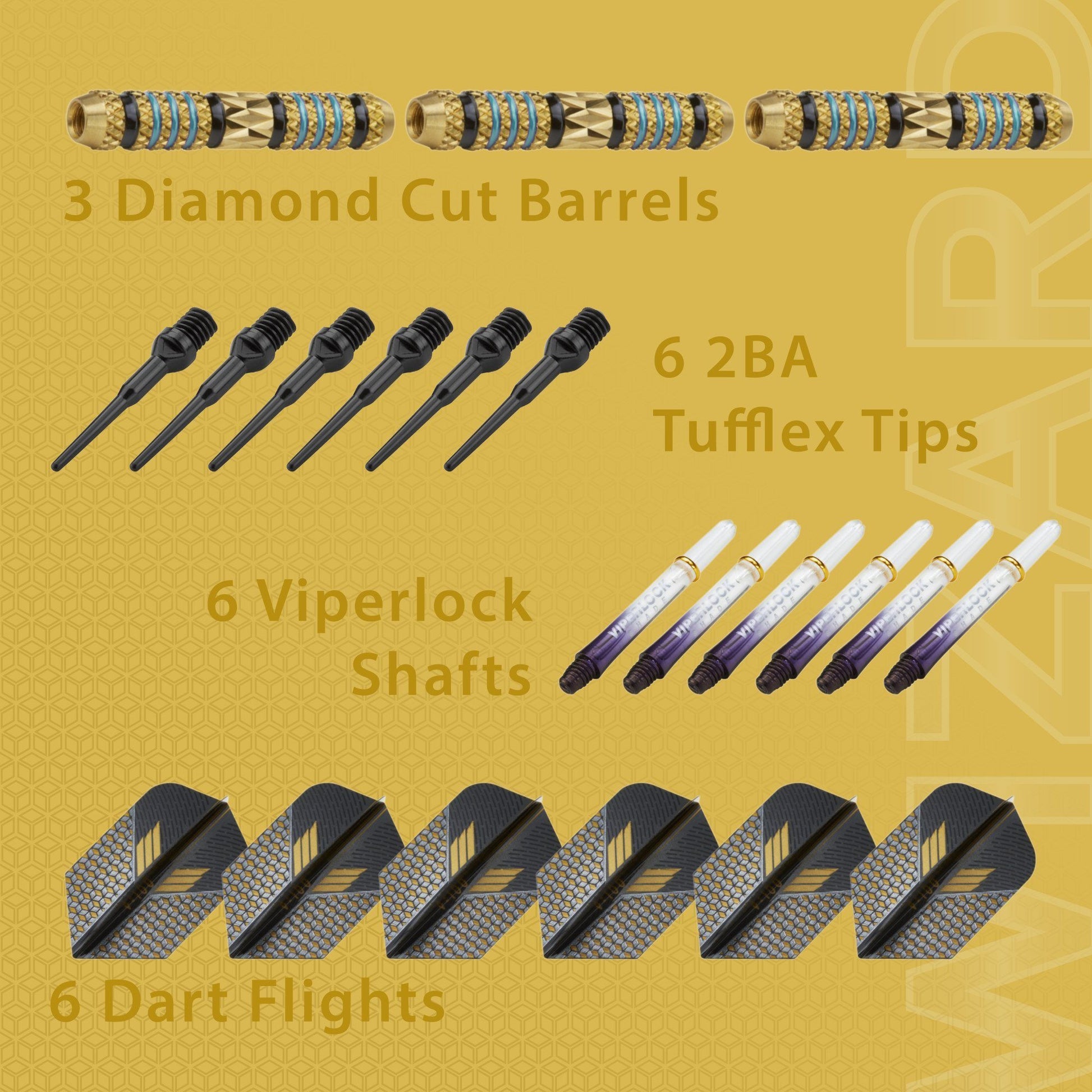 Infographic of dart components: three brass barrels, six black tips, six shafts, six flights