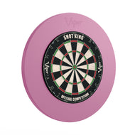Pink oval dart surround with black and cream dartboard featuring red and green number rings mounted in center
