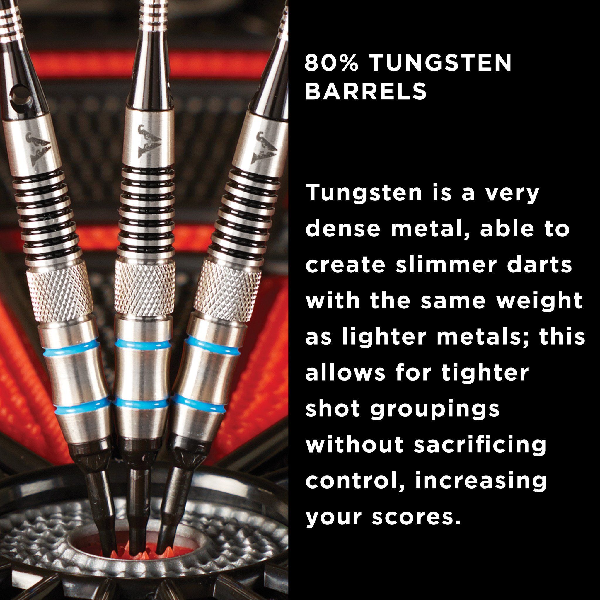 Three silver darts with blue bands in a red-lit dartboard
