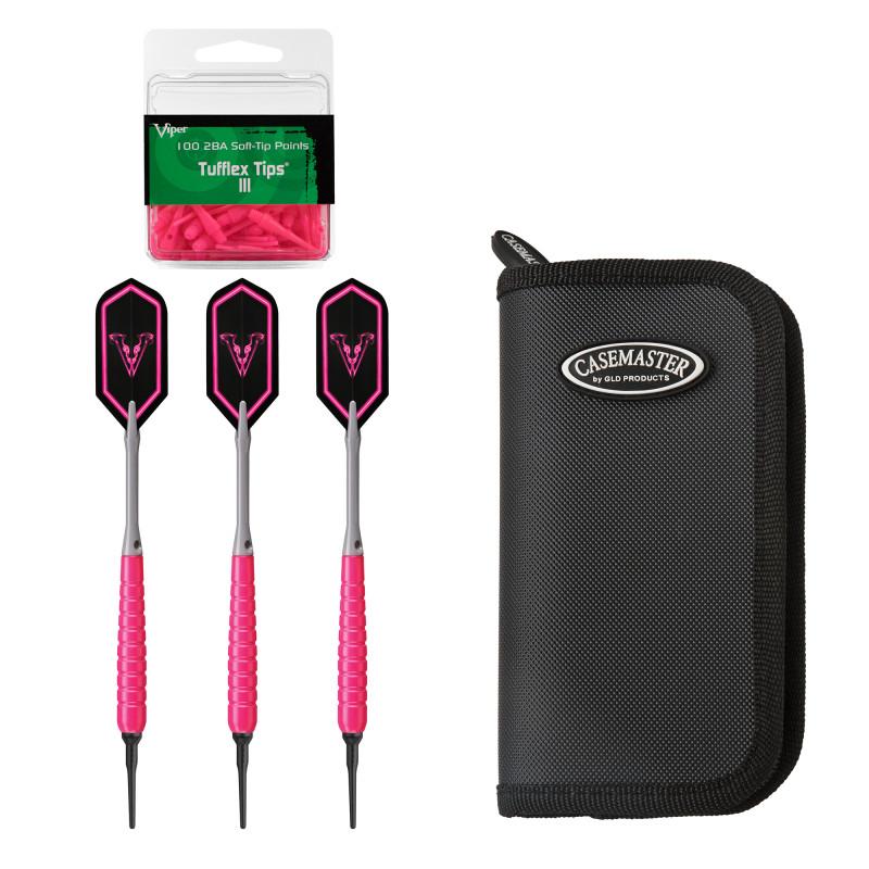 Viper V Glo Soft Tip 18gm Pink, Casemaster Deluxe Black Nylon Case, and Viper 2BA Tufflex Tips III- Neon Pink 100ct. Box Soft-Tip Darts Viper 