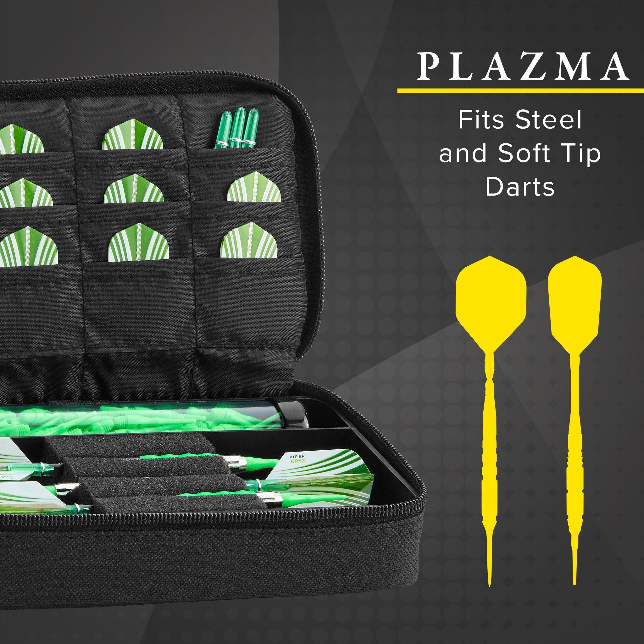 Black dart case with green flights and yellow darts displayed beside it