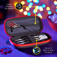 Red and gray dart case with darts and flights inside against colorful bokeh background