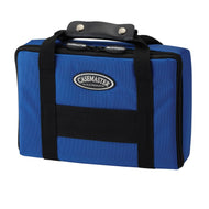 Blue nylon dart case with black handles and straps, Casemaster logo on front, black snap closure on top handle