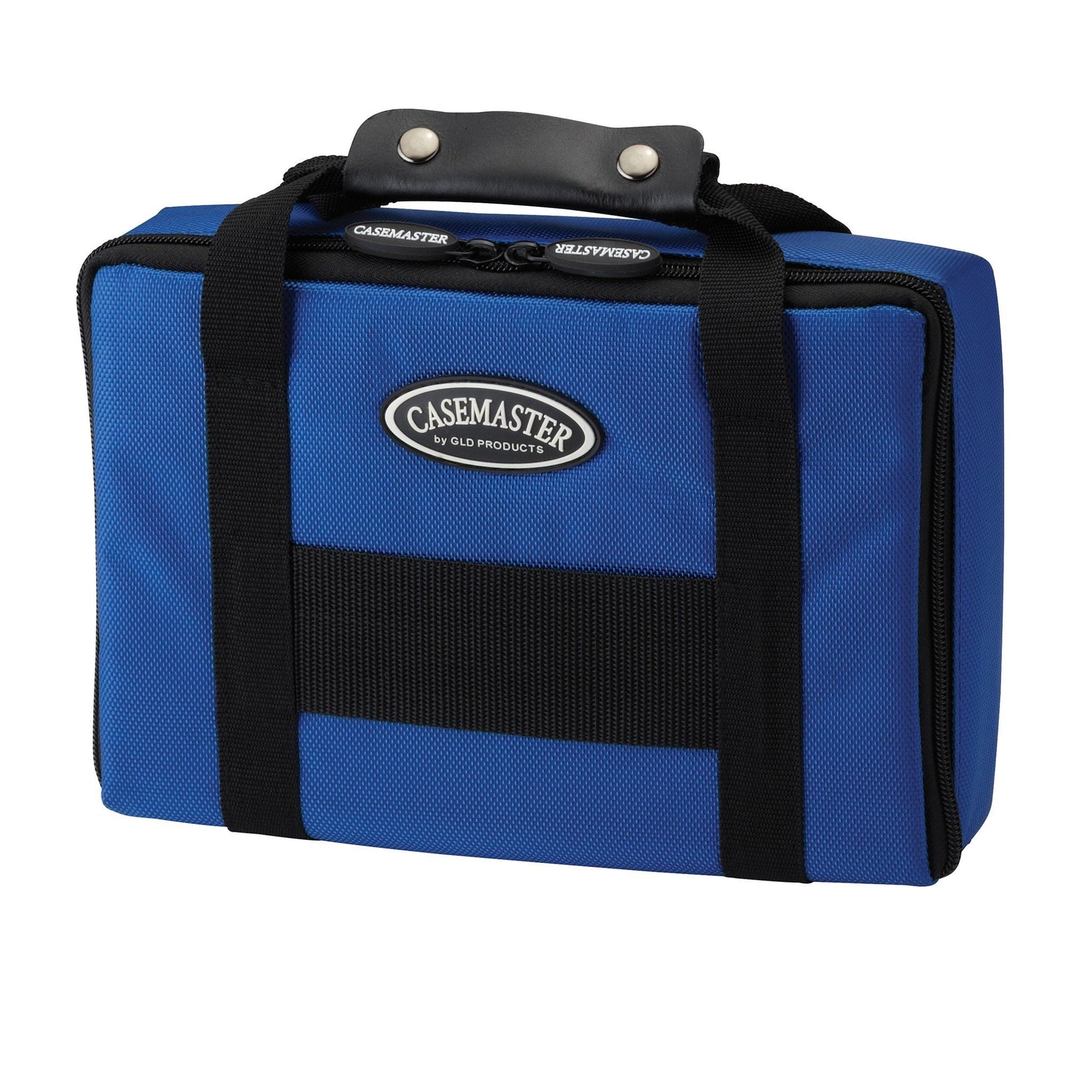Blue nylon dart case with black handles and straps, Casemaster logo on front, black snap closure on top handle