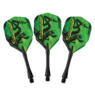 Three green dart flights with black dragon graphics and yellow text on black stems