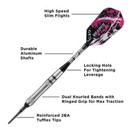 Dart with pink and black patterned flight and grooved aluminum shaft with labeled features