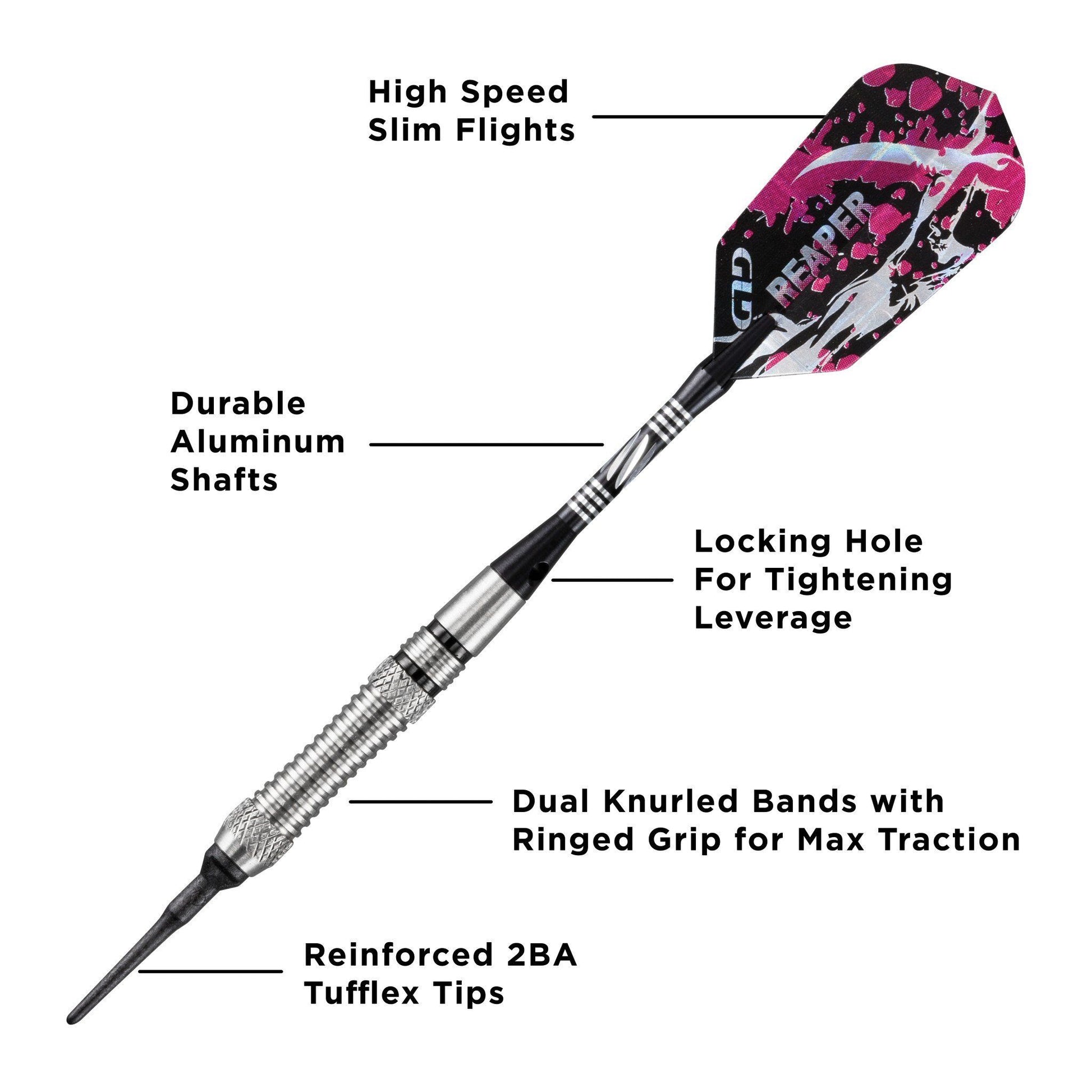 Dart with pink and black patterned flight and grooved aluminum shaft with labeled features