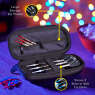 Black dart case with zipper compartments holding darts with red and white flights, and steel or soft tip darts