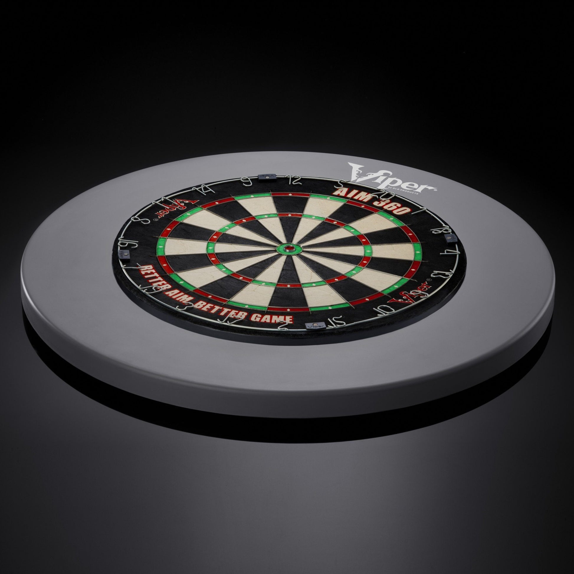 Gray circular surround with black and cream dartboard in center