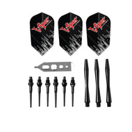 Flat-lay of three black Viper flights, six soft tips, three black shafts, and a metal wrench