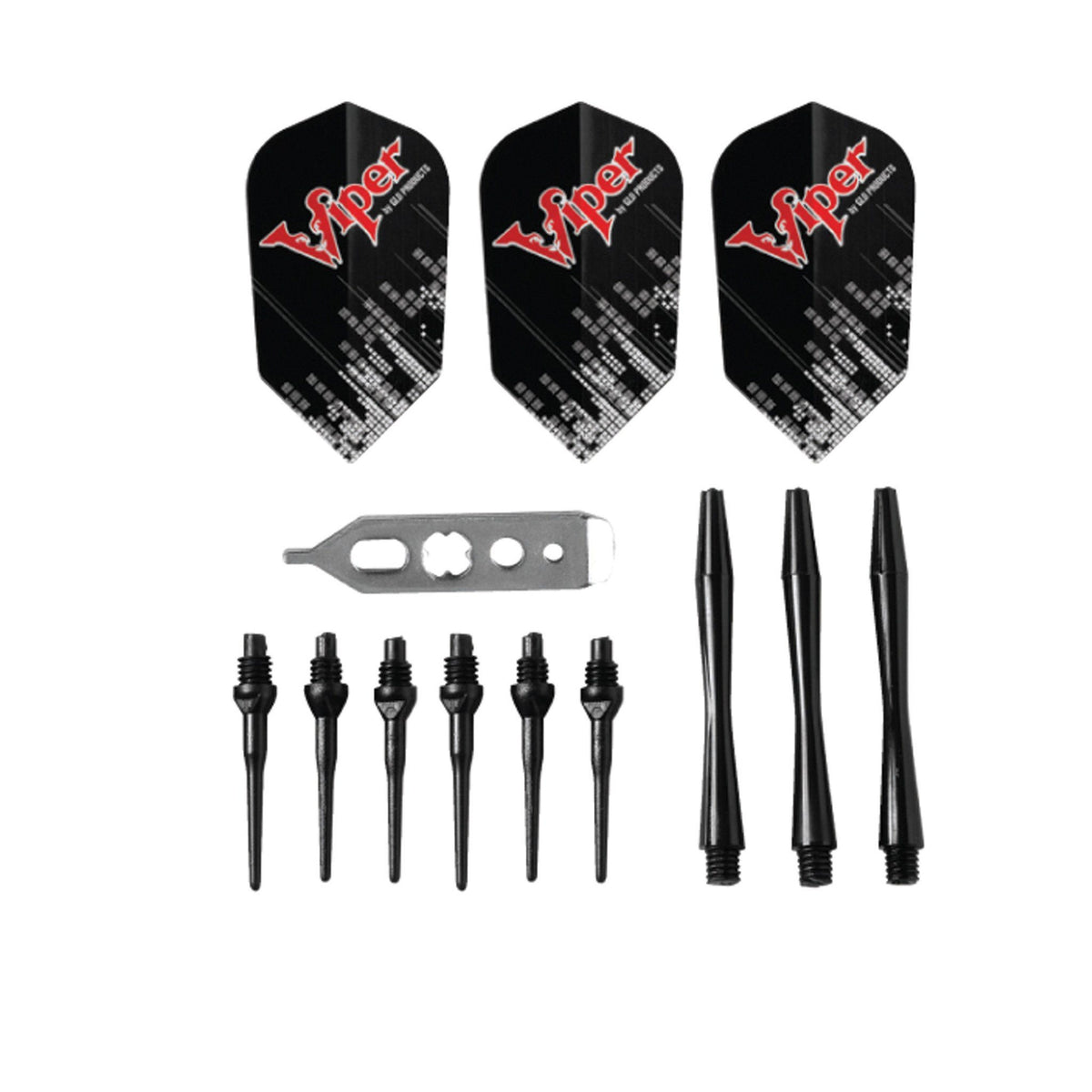 Flat-lay of three black Viper flights, six soft tips, three black shafts, and a metal wrench