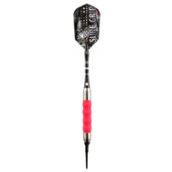 Black dart with perforated flight labeled "Sure Grip," striped shaft, red textured grip, and metal ferrule