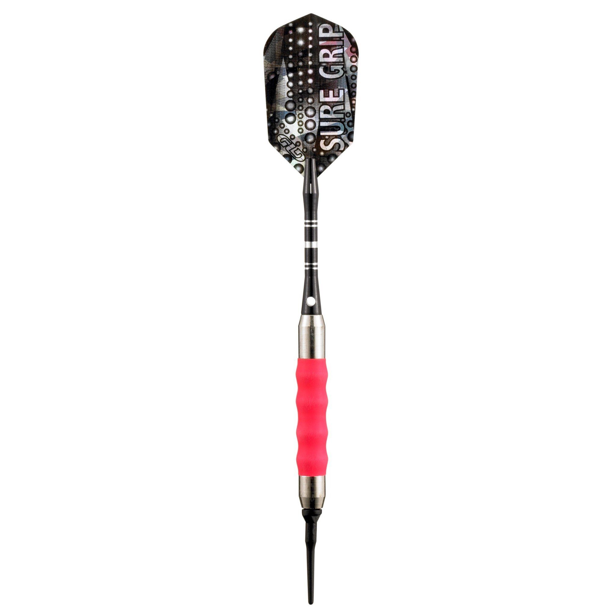 Black dart with perforated flight labeled "Sure Grip," striped shaft, red textured grip, and metal ferrule