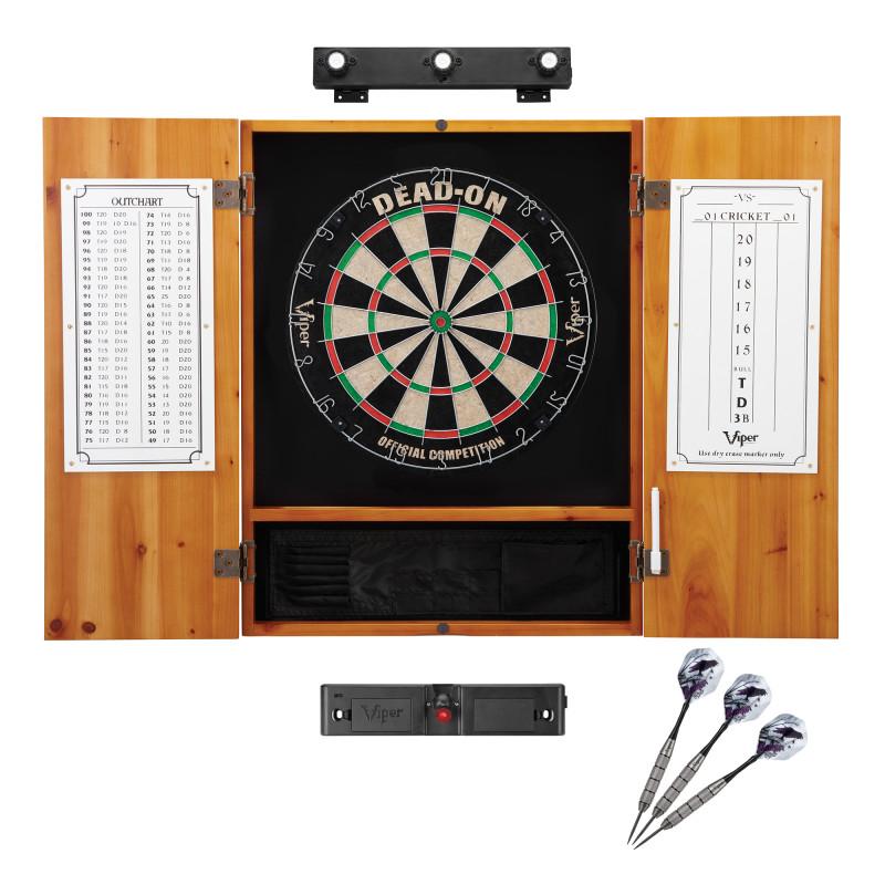 Viper Dead On Sisal Dartboard, Metropolitan Oak Cabinet, Shadow Buster Dartboard Lights & Laser Throw Line Marker Darts Viper 